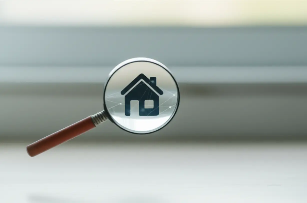 돋보기가-집-아이콘을-확대하는-3D-이미지로,-주민등록-사실조사의-중요성을-보여줍니다.