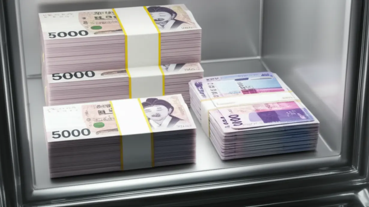 가지런히-쌓인-한국-지폐와-지역화폐-카드-묶음.-경기도-청년노동자-통장-만기-시-받게-될-현금과-지역화폐를-상징합니다.