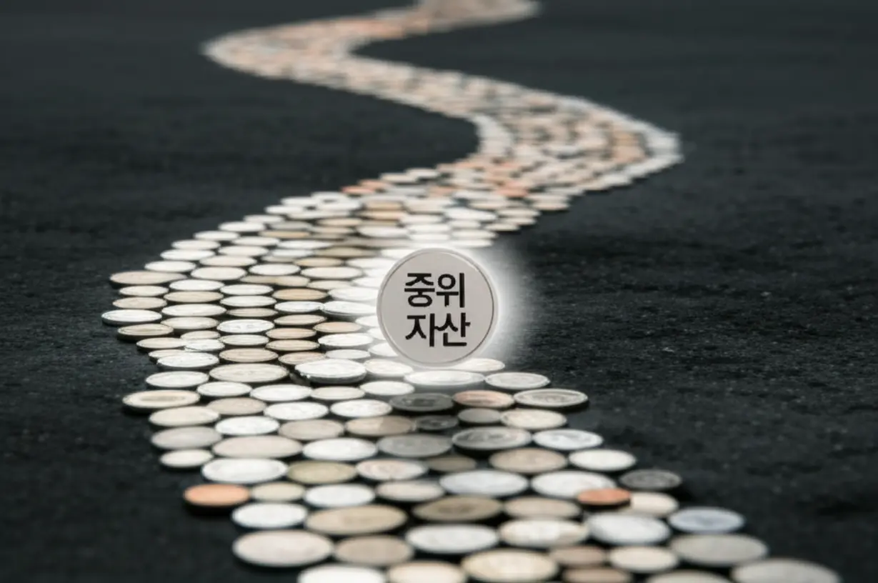 다양한-크기의-코인들이-놓인-길-위에서,-가운데-위치한-코인이-밝게-빛나며-중위-자산의-중요성을-강조합니다.-이는-내-자산이-대한민국에서-어느-정도-위치인지를-파악하는-데-유용한-기준점임을-보여줍니다.