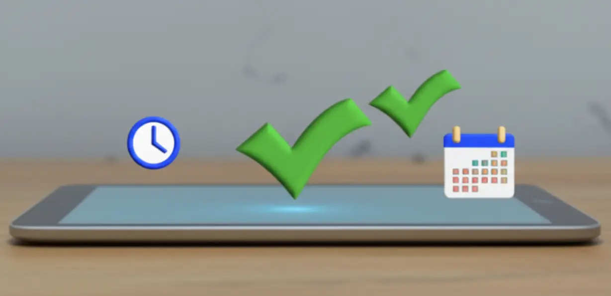 알바-주휴수당-조건을-충족했음을-보여주는-체크마크와-시계,-달력-아이콘이-있는-귀여운-3D-이미지.-주-15시간-근무와-개근.