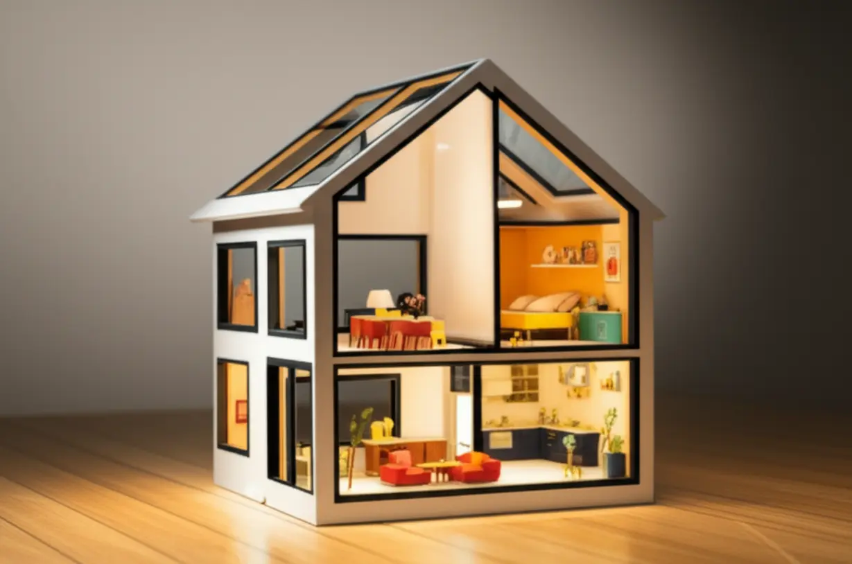 잠실-르엘-아파트의-효율적인-공간-활용-평면도를-상징하는-귀여운-미니어처-집-모형.-잠실-르엘-평면도-가족-구성.