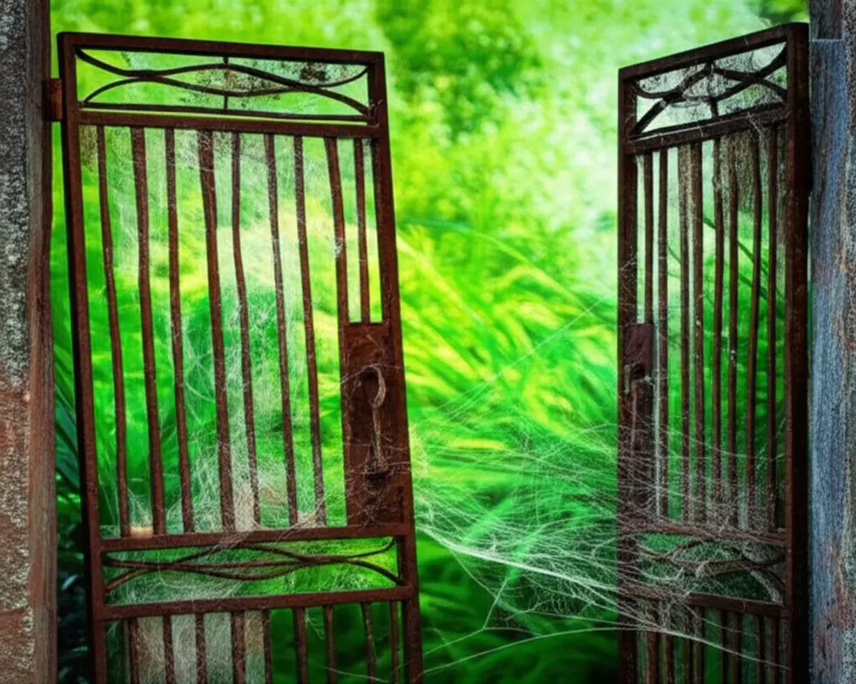 새로운-기회를-놓친-것을-상징하는,-거미줄이-쳐진-낡은-문과-그-너머의-싱싱한-식물-이미지.-낯선-분야에-대한-편견-때문에-중요한-순간을-놓치는-상황을-표현.