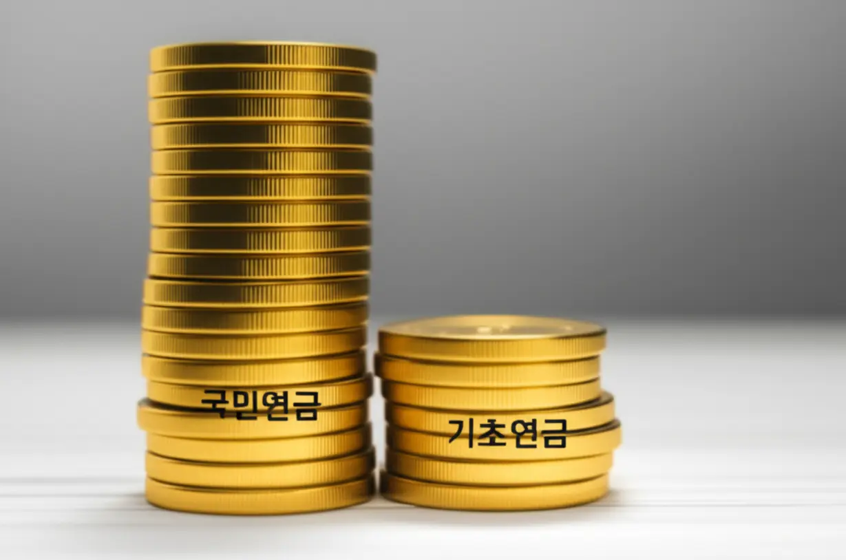 국민연금과-기초연금의-차이를-비교하는-귀여운-3D-동전-더미-이미지