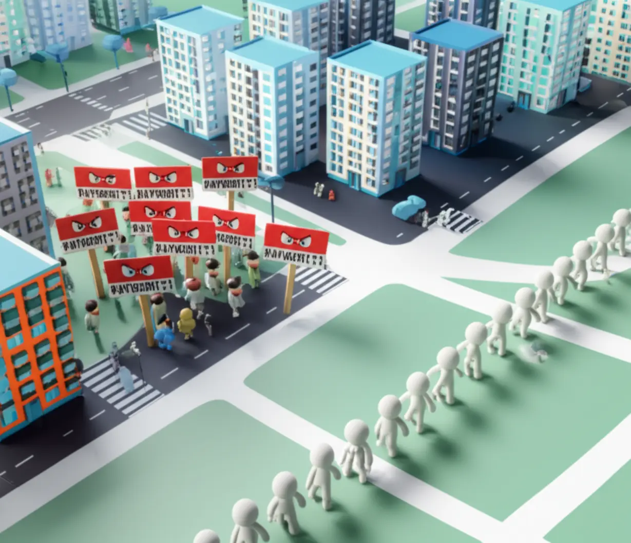 판교-신도시-지도를-배경으로-시위하는-표지판과-길게-늘어선-줄을-3D로-표현한-이미지.-채권입찰제의-과거-문제점을-나타냅니다.