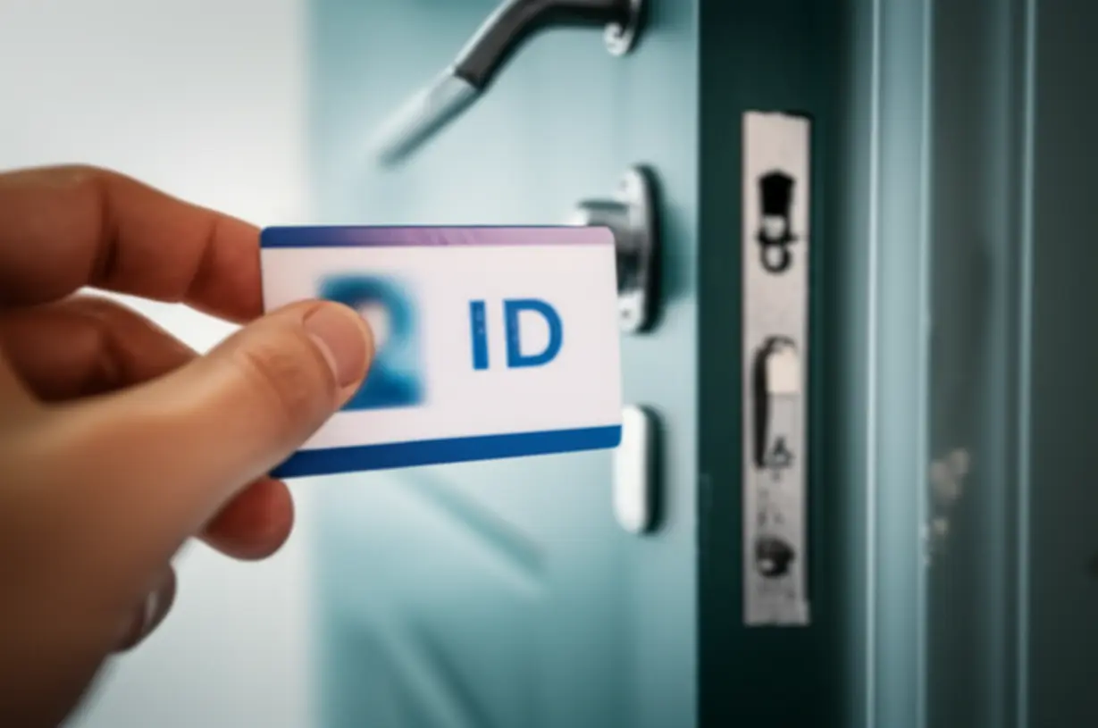 신분증을-보여주는-손과-문-틈새-3D-이미지로,-방문-조사-시-신분-확인의-중요성을-강조합니다.