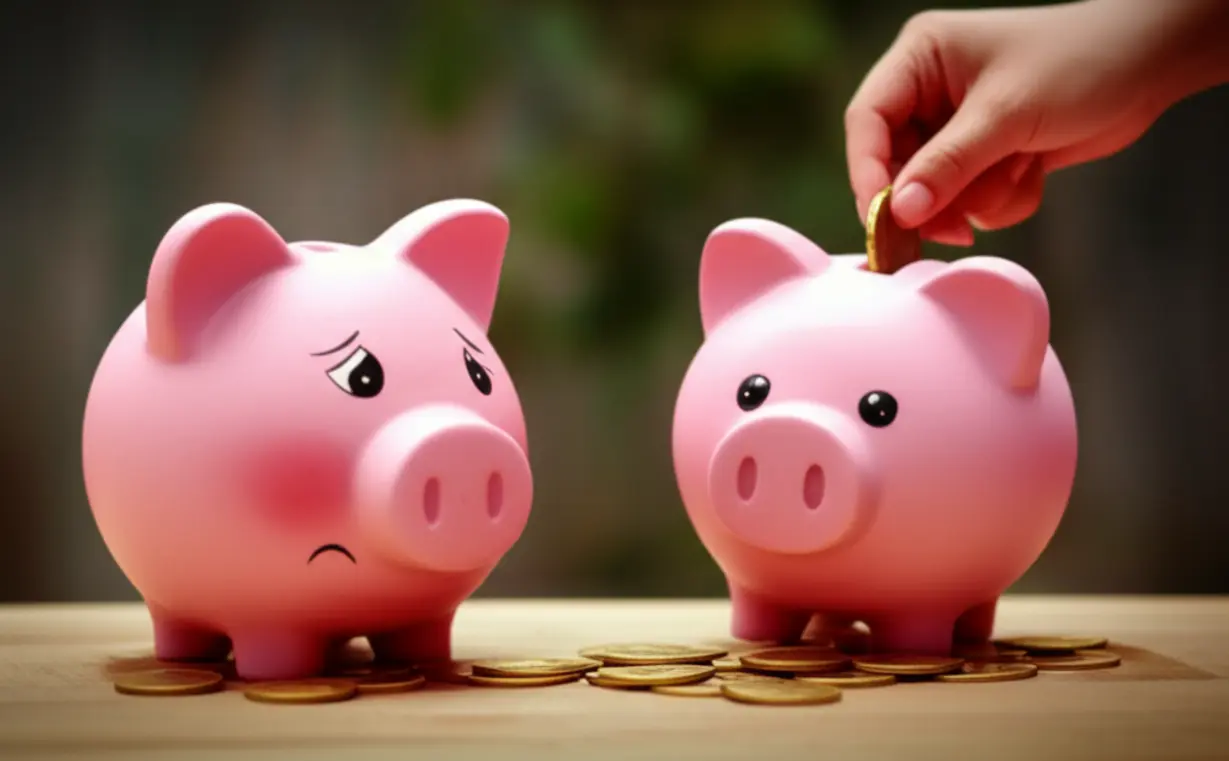 두-개의-귀여운-저금통이-나란히-있습니다.-하나는-저축은행을-상징하며-더-많은-동전을-내미는-모습으로,-예금-유치를-위해-고금리를-제공하는-상황을-비유적으로-보여줍니다.