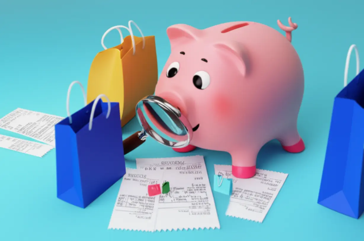 귀여운-저금통이-돋보기로-영수증을-살펴보는-3D-이미지.-현명한-소비와-지출-관리가-중요함을-나타냅니다.