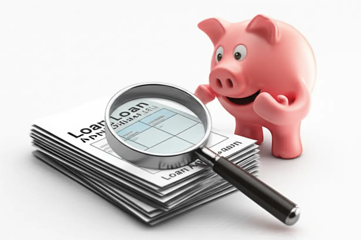 돋보기로-대출-신청-서류들을-꼼꼼히-살펴보는-귀여운-저금통.-내게-맞는-전세자금대출을-신중하게-선택하는-과정을-상징.