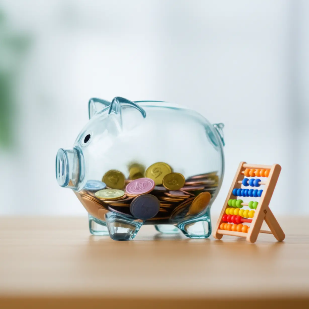 작고-귀여운-주판과-동전이-가득한-투명-돼지-저금통.-복잡한-종부세-계산-과정이-동전-세듯이-간편해지는-모습을-시각적으로-보여주며,-세금-계산의-원리를-쉽게-전달합니다.