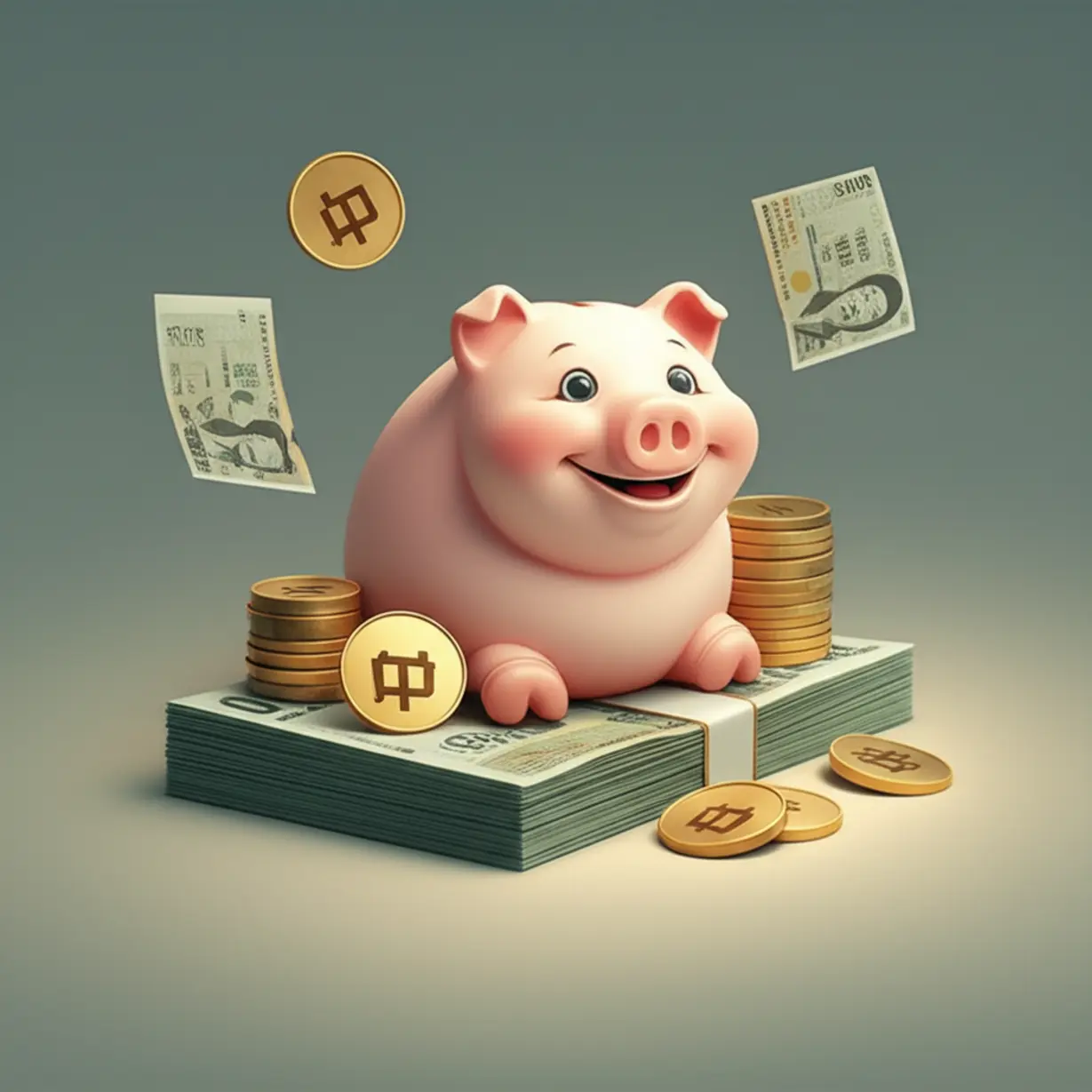 삼성전자-배당금-지급을-상징하는-귀여운-3D-저금통과-가지런히-쌓인-동전,-지폐-이미지.