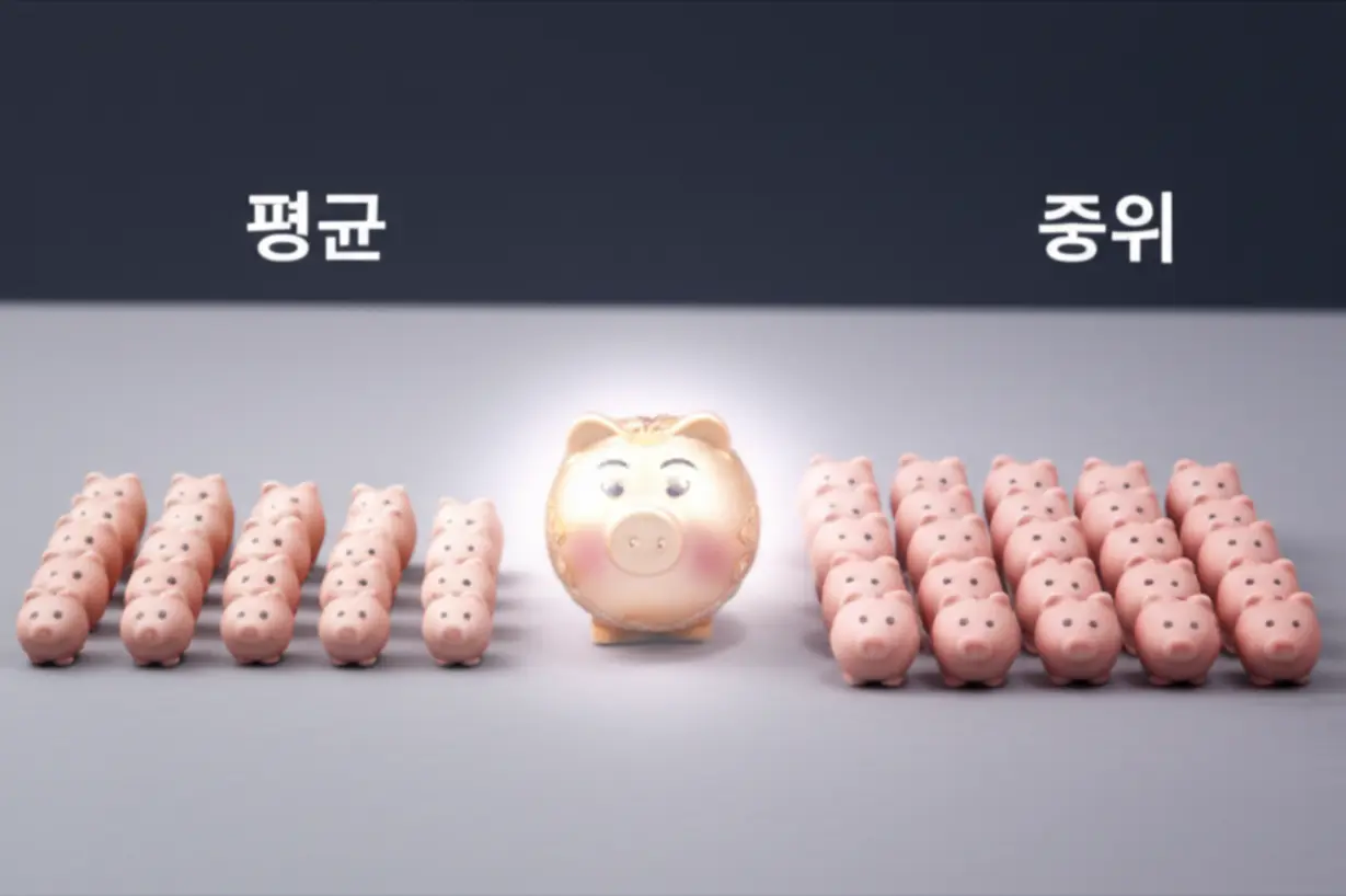 평균-자산과-중위-자산의-차이를-보여주는-귀여운-돼지-저금통-이미지.-평균은-아주-큰-저금통과-작은-저금통들이-섞여-있고,-중위는-비슷한-크기의-저금통들이-가지런히-줄-서-있는-모습입니다.-자산-개념을-쉽게-이해할-수-있습니다.