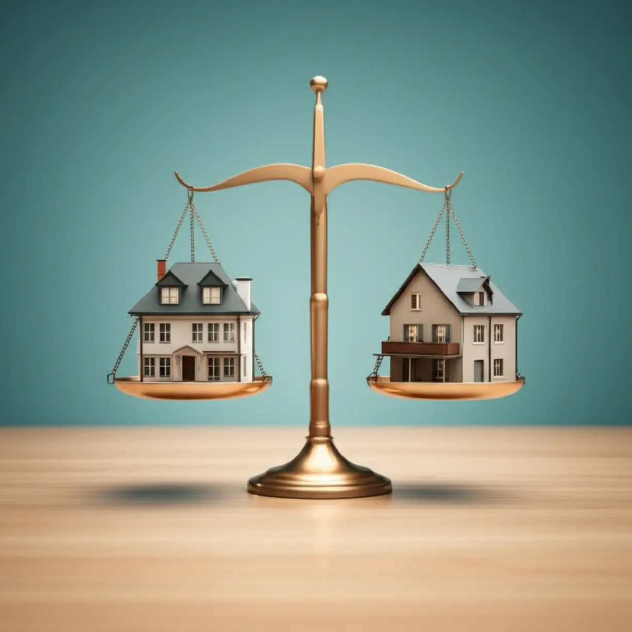 저울-위에-공공임대-아파트와-민간임대-아파트-모형이-놓여-있는-3D-이미지.-두-유형의-장단점을-비교하는-모습을-표현합니다.