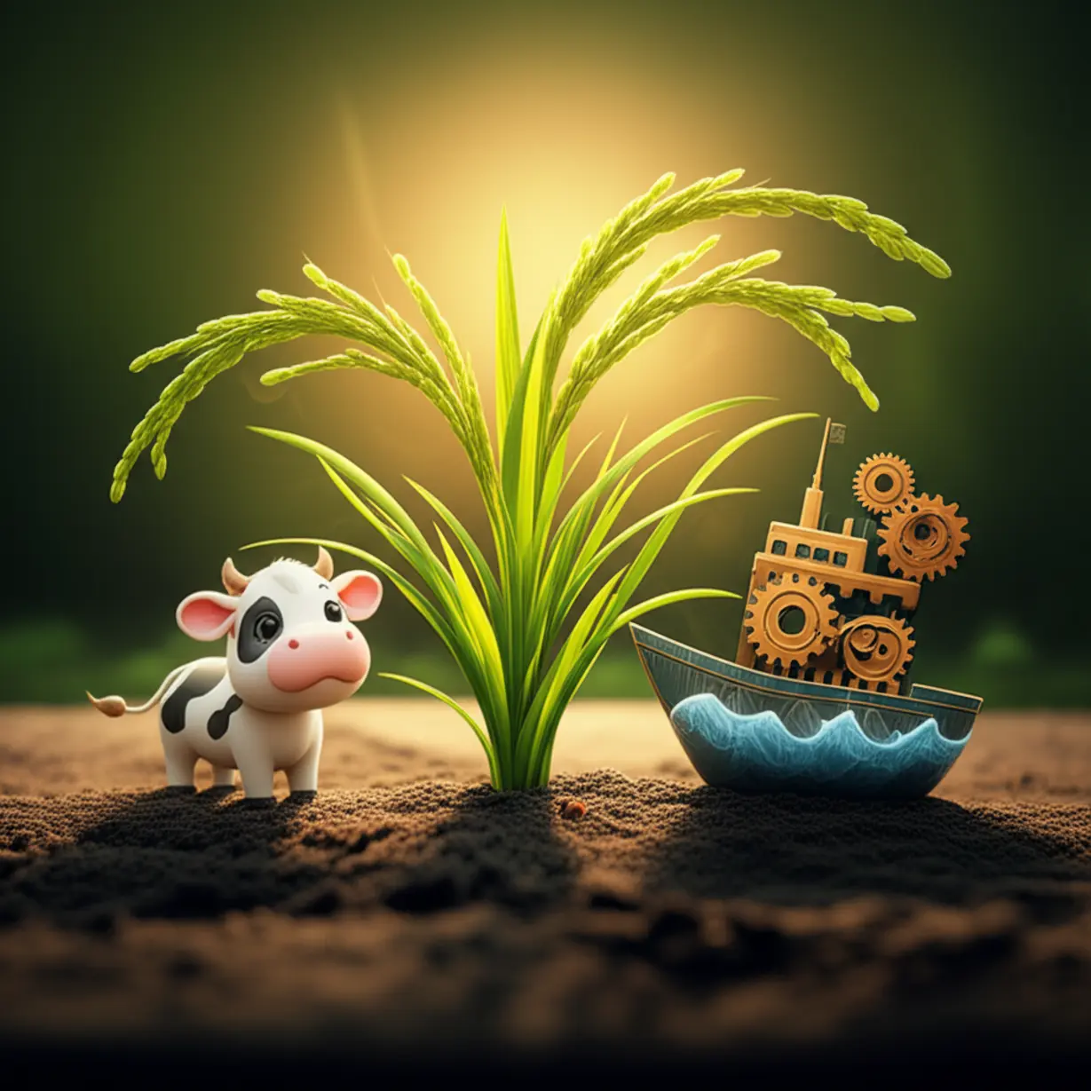 협상으로-보호된-우리-농산물과-성장-기회를-얻은-조선업을-보여주는-귀여운-3D-이미지.-푸른-벼와-소,-그리고-활기찬-배가-함께-있습니다.