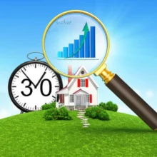 초록-언덕-위-작은-집과-돋보기,-30초-시계가-함께-있는-귀여운-3D-이미지.-부동산-투자-가치-분석과-재테크의-성공을-상징합니다.