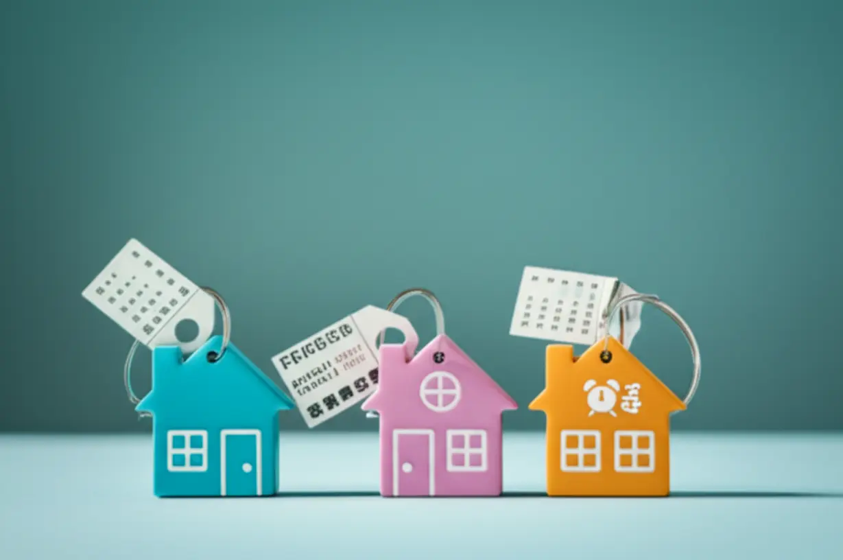 무보증-월세,-사글세,-단기임대의-특징과-위험을-나타내는-다양한-모양의-아파트-열쇠고리-또는-미니어처-집들.
