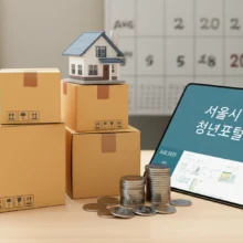 서울-청년-이사비-중개보수-지원-40만원,-3D-귀여운-이사-박스와-주택,-돈이-함께-있는-모습