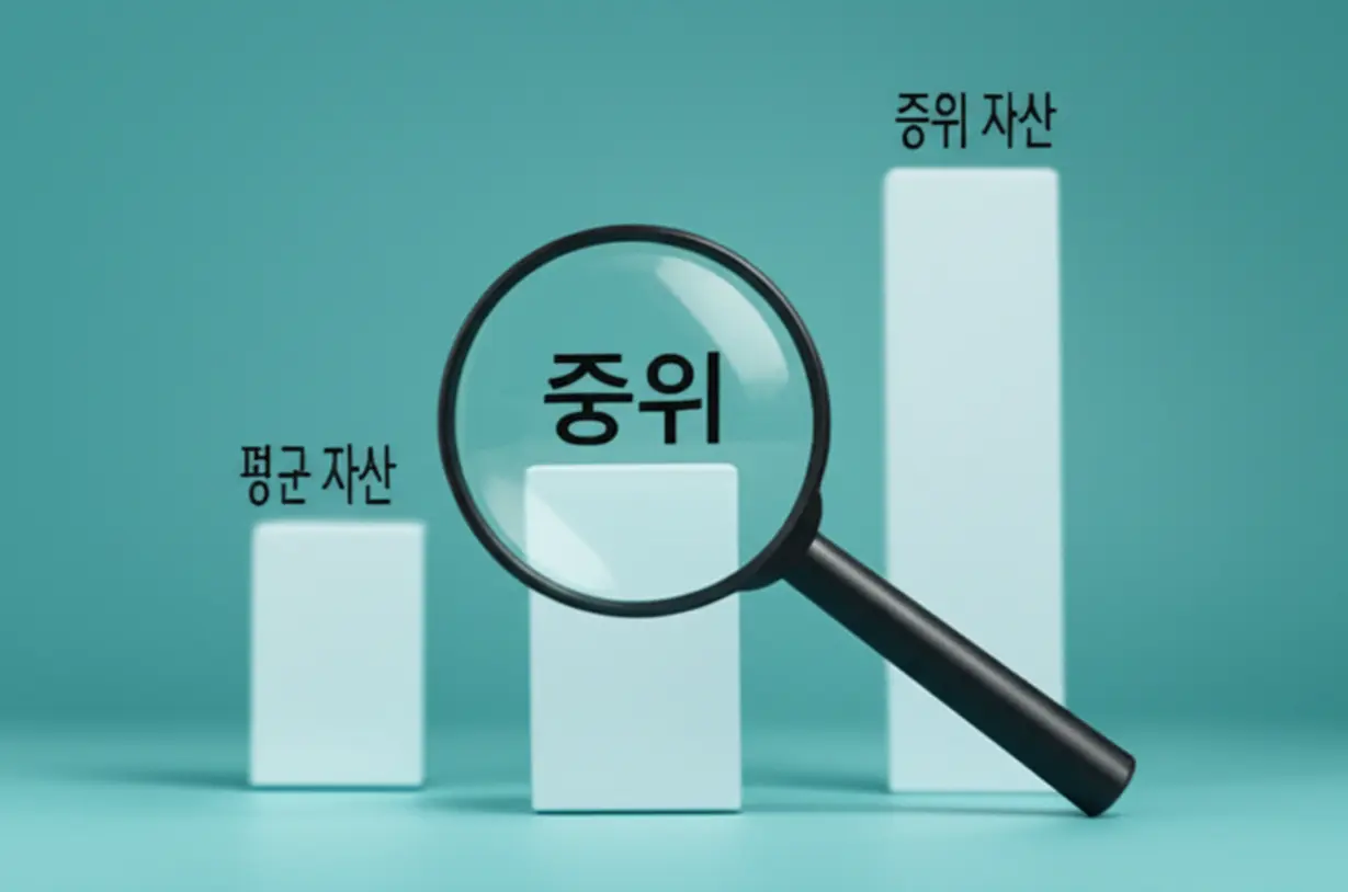 현명한-경제-판단을-위한-지표-활용법을-보여주는-이미지.-돋보기로-중위-자산-막대-그래프를-확대해서-정확히-보는-모습입니다.-불확실한-평균-대신-중위-자산을-통해-내-자산-순위와-경제-상황을-올바르게-파악하는-방법을-시각적으로-나타냅니다.