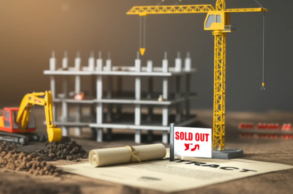 공사장과-계약서가-있는-귀여운-3D-이미지,-분양권-중개수수료-계산-팁을-나타냄.