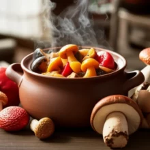 김이-모락모락-나는-먹음직스러운-산버섯찌개-뚝배기와-주변에-놓인-다양한-야생-버섯들.-깊은-맛을-자랑하는-괴산-자연산-버섯전골-요리의-상징.