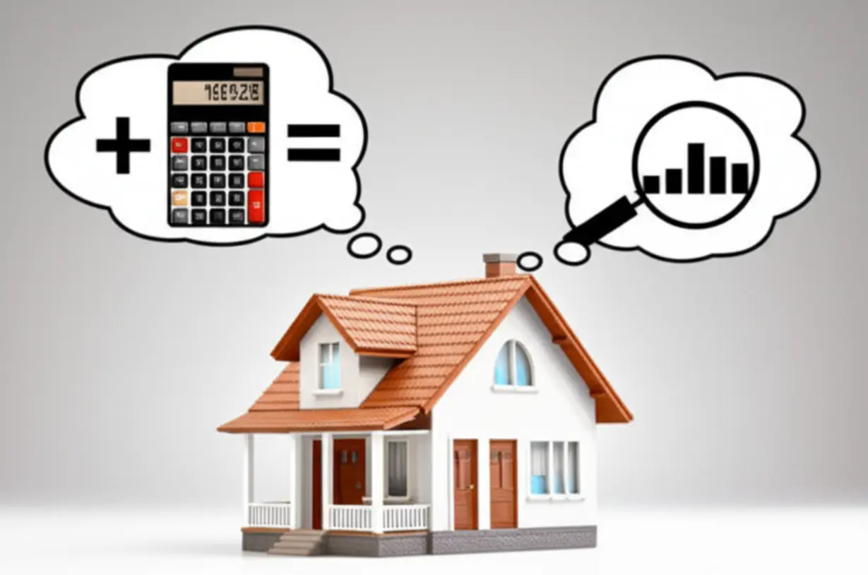 계산기와-돋보기가-있는-귀여운-3D-집-이미지.-내-집-투자가치를-쉽고-빠르게-확인하는-단계를-보여줍니다.