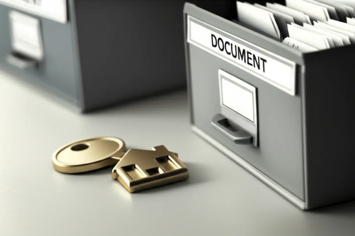 매매-계약서-보관을-상징하는-귀여운-3D-이미지입니다.-새집-열쇠와-서류함이-함께-있어-계약서-보관의-중요성과-세금-관련-내용-보관-필요성을-나타냅니다.