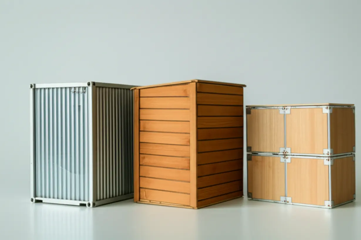 컨테이너,-목재,-모듈형-등-다양한-재료로-지어진-농막주택들이-나란히-있는-모습.-재료별-장점과-특징을-시각적으로-보여줍니다.