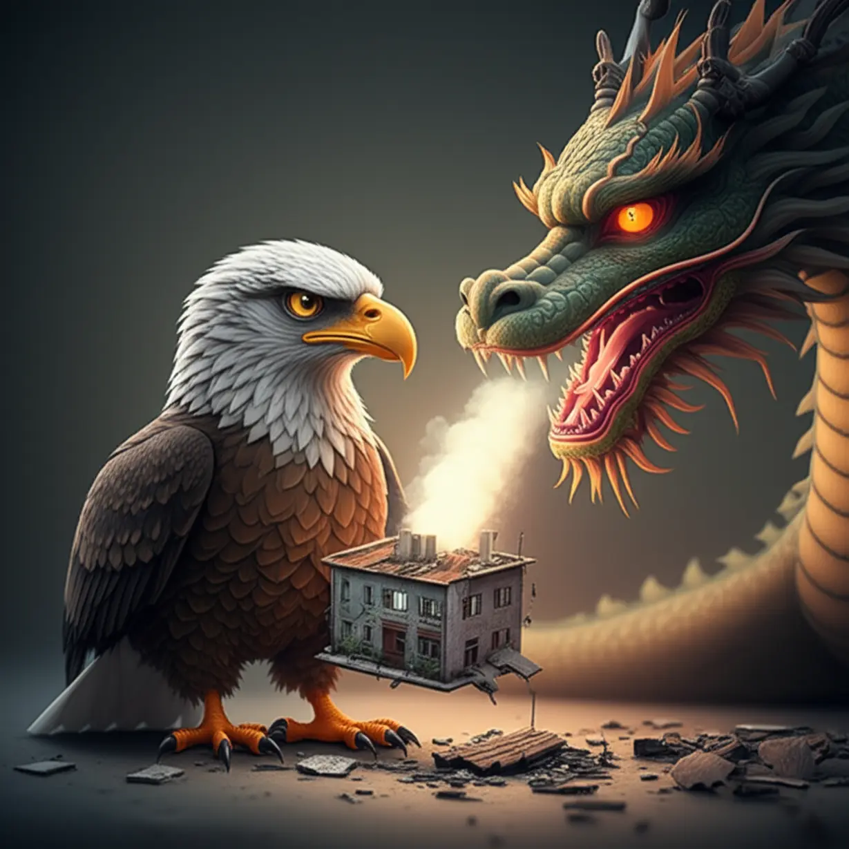 미국-독수리가-자국-제조업을-일으키려는-모습과-뒤에서-커가는-중국-용을-묘사한-3D-이미지.-미국의-경제적-위기감을-상징합니다.