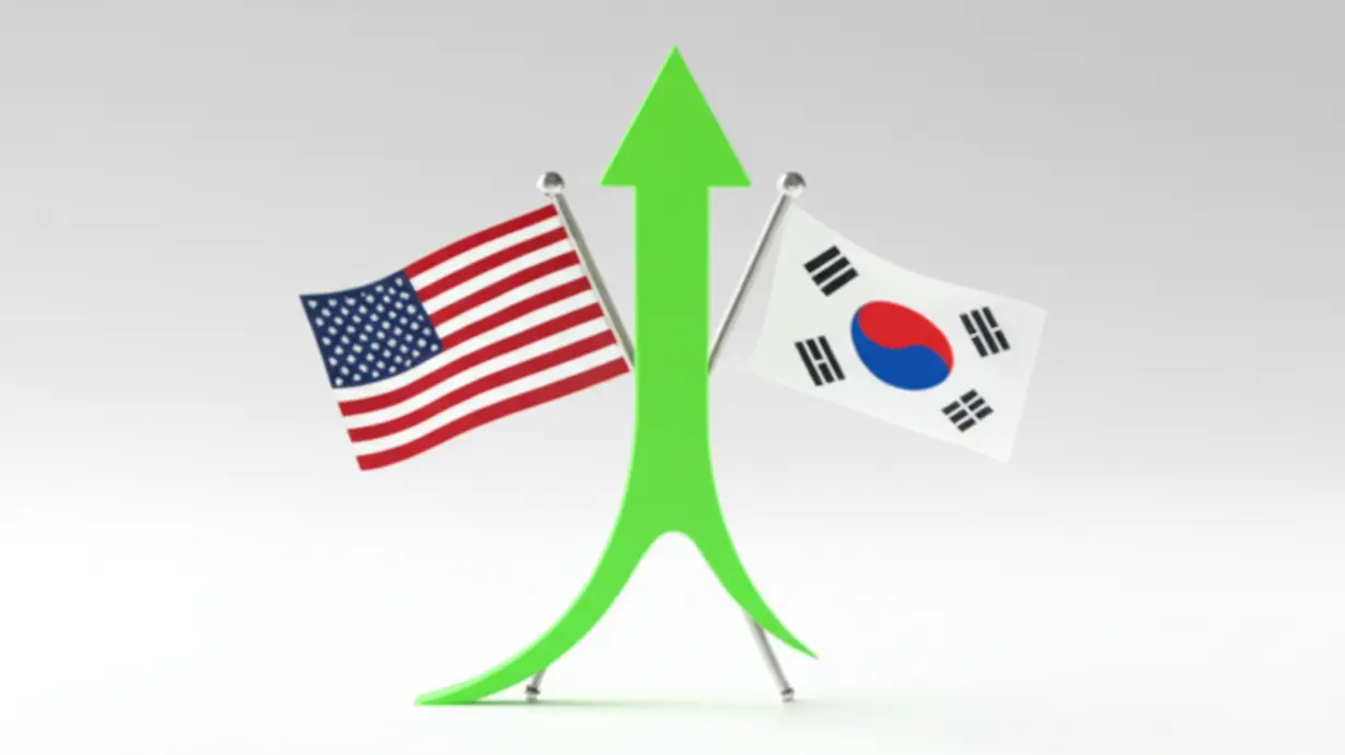 한미-관세-협상-타결을-상징하는-귀여운-3D-이미지.-미국과-한국-국기가-나란히-서-있고,-협상의-긍정적인-의미를-나타내는-초록색-상승-화살표가-있습니다.