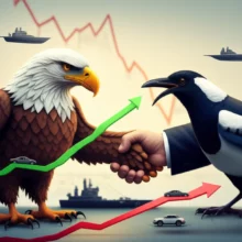 한미-관세-협상-타결-후-변화된-주식-시장을-보여주는-귀여운-3D-이미지.-독수리와-까치-캐릭터가-악수하며-조선업-주식은-오르고-자동차-주식은-내려가는-모습을-표현했습니다.