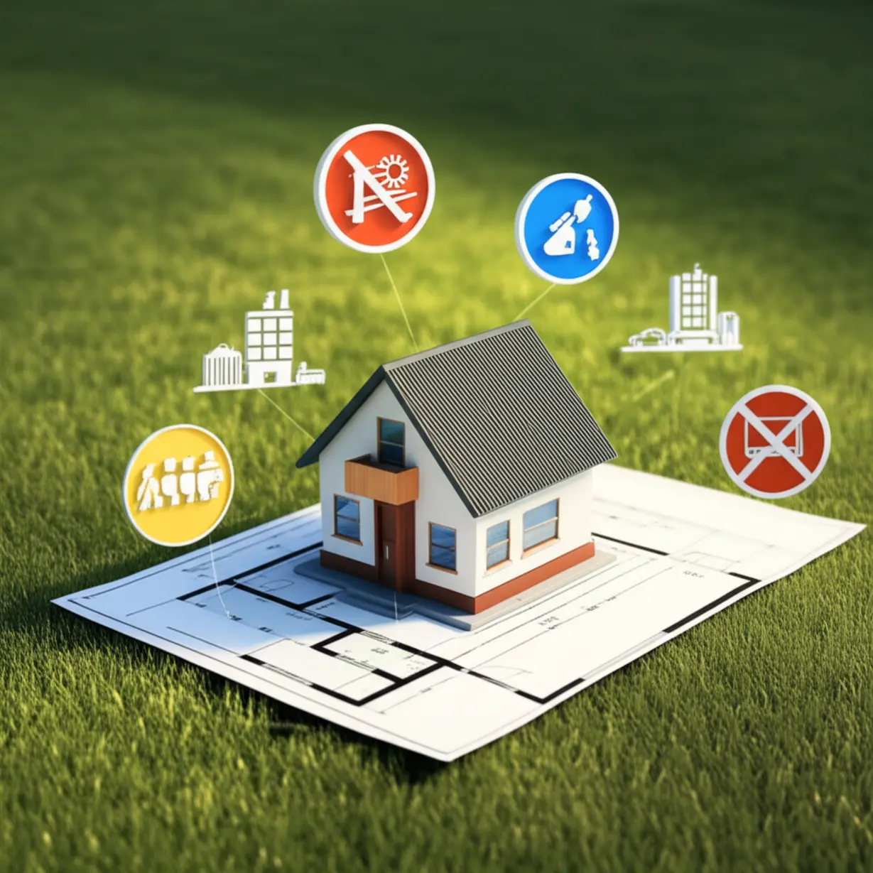 작은-집-설계도면이-녹색-땅-위에-놓여-있고,-주변에-건물-높이-제한이나-도로-폭-같은-건축-관련-정보-아이콘들이-떠-있는-3D-이미지.-내-땅에-건물을-지을-때-토지이음의-활용법을-나타냅니다.