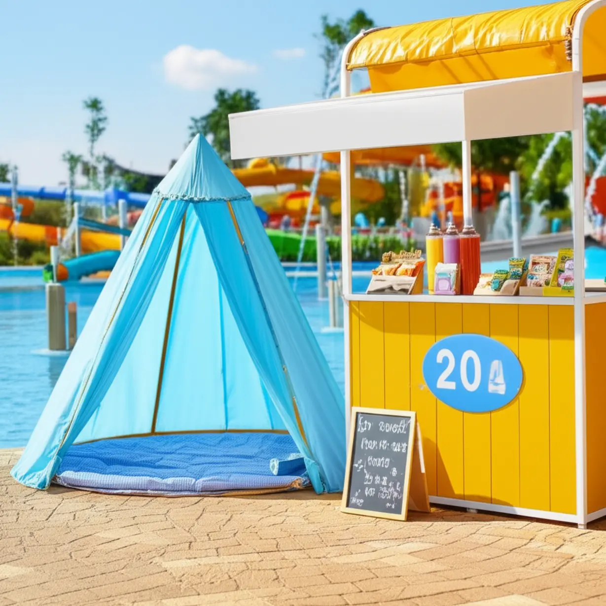 잠실-한강공원-물놀이장에-설치된-모기장-텐트와-깔끔한-간식-매점-모습.-편안한-휴식과-간단한-간식을-즐길-수-있는-물놀이장-내부-시설을-보여줍니다.