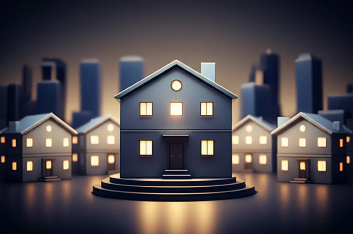 빛나는-한-채의-집이-다른-집들-위에-서-있는-귀여운-3D-이미지.-