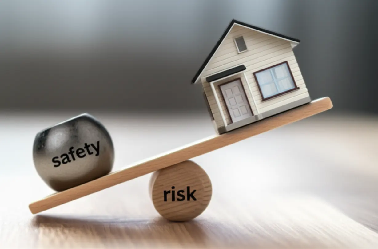 흔들리는-시소-위의-주택-이미지,-전세-시장의-안전과-위험이-균형을-이루며-신중한-접근이-필요함을-보여줍니다.
