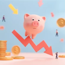 귀여운-돼지-저금통-캐릭터가-하락하는-주식-시장-차트-위에-서서-걱정하는-모습.-세금-정책-변화로-인한-투자자-불안과-경제-논란을-상징하는-이미지.-주식-그래프가-떨어지는-모습이-선명하게-보입니다.