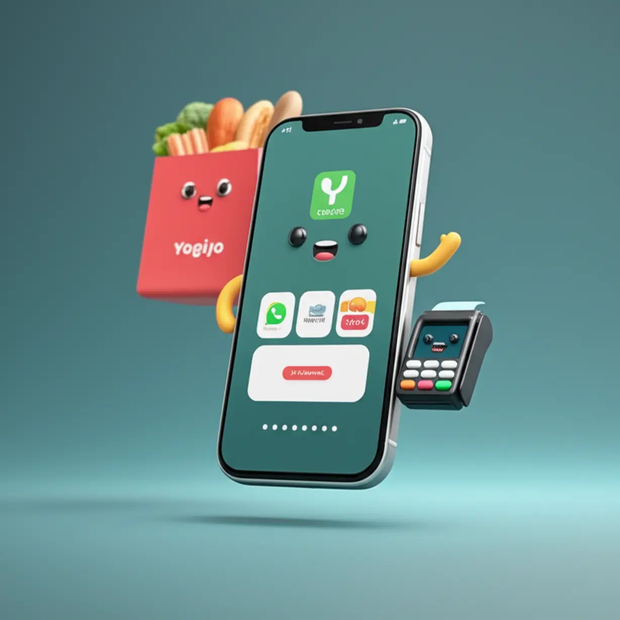 요기요-앱-화면과-현장-카드-결제하는-모습을-상징하는-귀여운-스마트폰,-배달-가방,-카드-단말기-그림