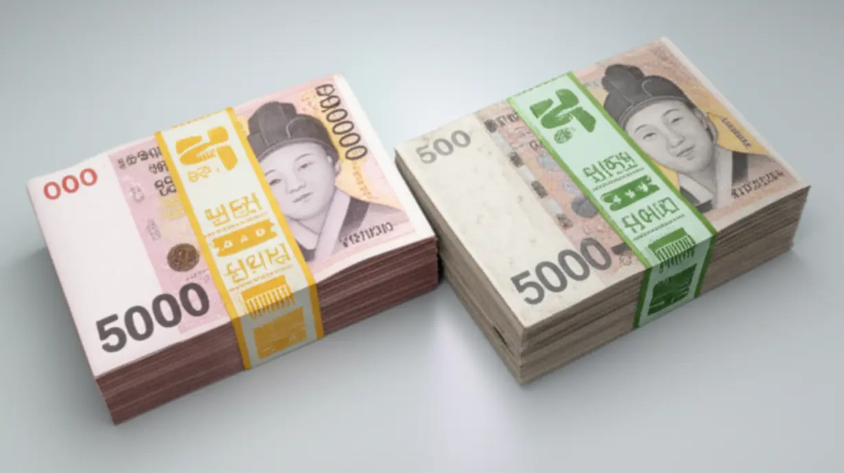 새-지폐로-묶인-신권-관봉권과-사용한-지폐로-묶인-사용권-관봉권의-차이를-보여주는-이미지.-깔끔한-새-돈-뭉치와-약간-사용감이-있는-돈다발을-비교하여-