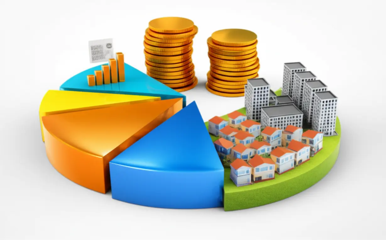 부동산과-금융자산으로-구성된-3D-파이-차트-이미지.-상위-1%-부자들의-균형-잡힌-자산-포트폴리오와-현명한-부채-활용-전략을-보여줍니다.