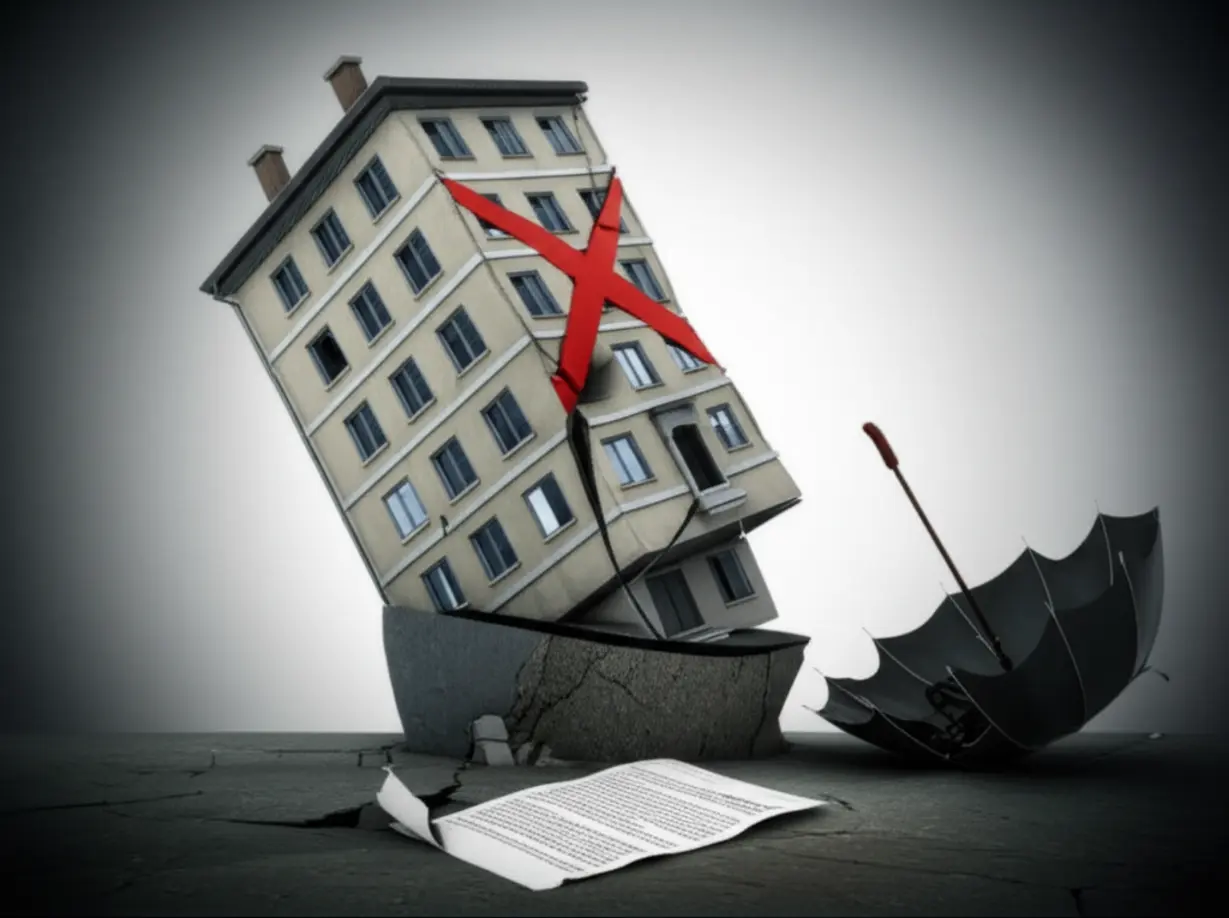전세-보증-보험-가입-불가,-임차권-등기-등-위험한-조건으로-인해-계약을-피해야-하는-아파트-전세-매물을-상징하는-3D-이미지.-위태로운-아파트와-찢어진-계약서,-부서진-우산이-위험-요소를-나타냄.