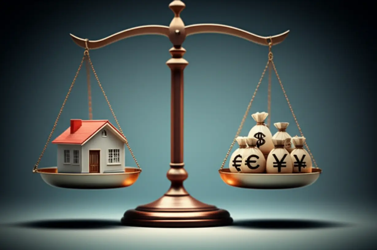 균형-잡힌-저울-위에-놓인-안정된-주택-아이콘과-외국-자금-주머니.-외국인-부동산-규제가-주택-시장-안정에-미칠-긍정적인-영향을-상징하며,-균형과-공정성을-강조합니다.