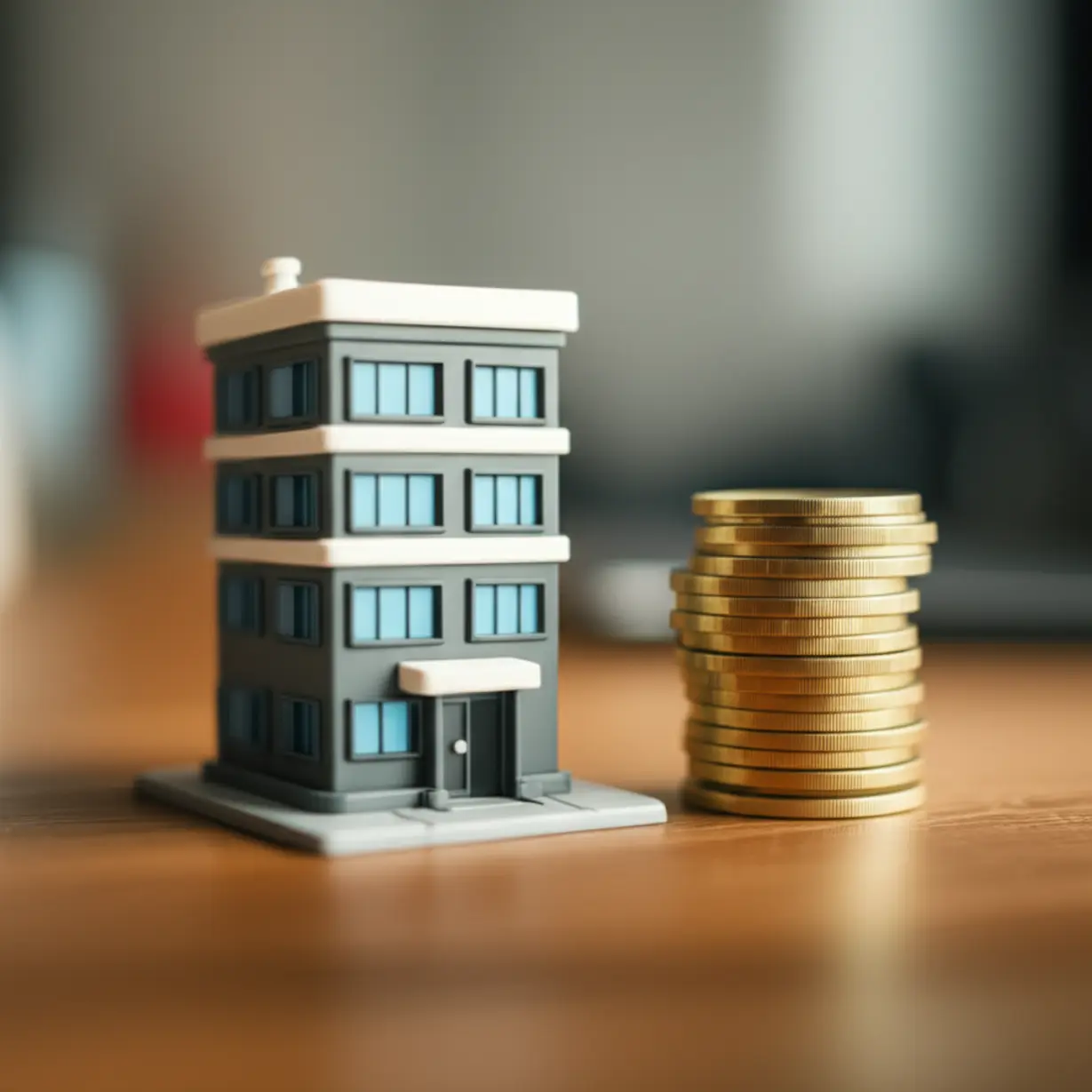 깔끔한-오피스텔-건물-모형-옆에-동전-더미가-놓여있는-귀여운-3D-이미지.-오피스텔-담보대출의-기본-개념과-부동산-대출-상품의-특징을-설명합니다.
