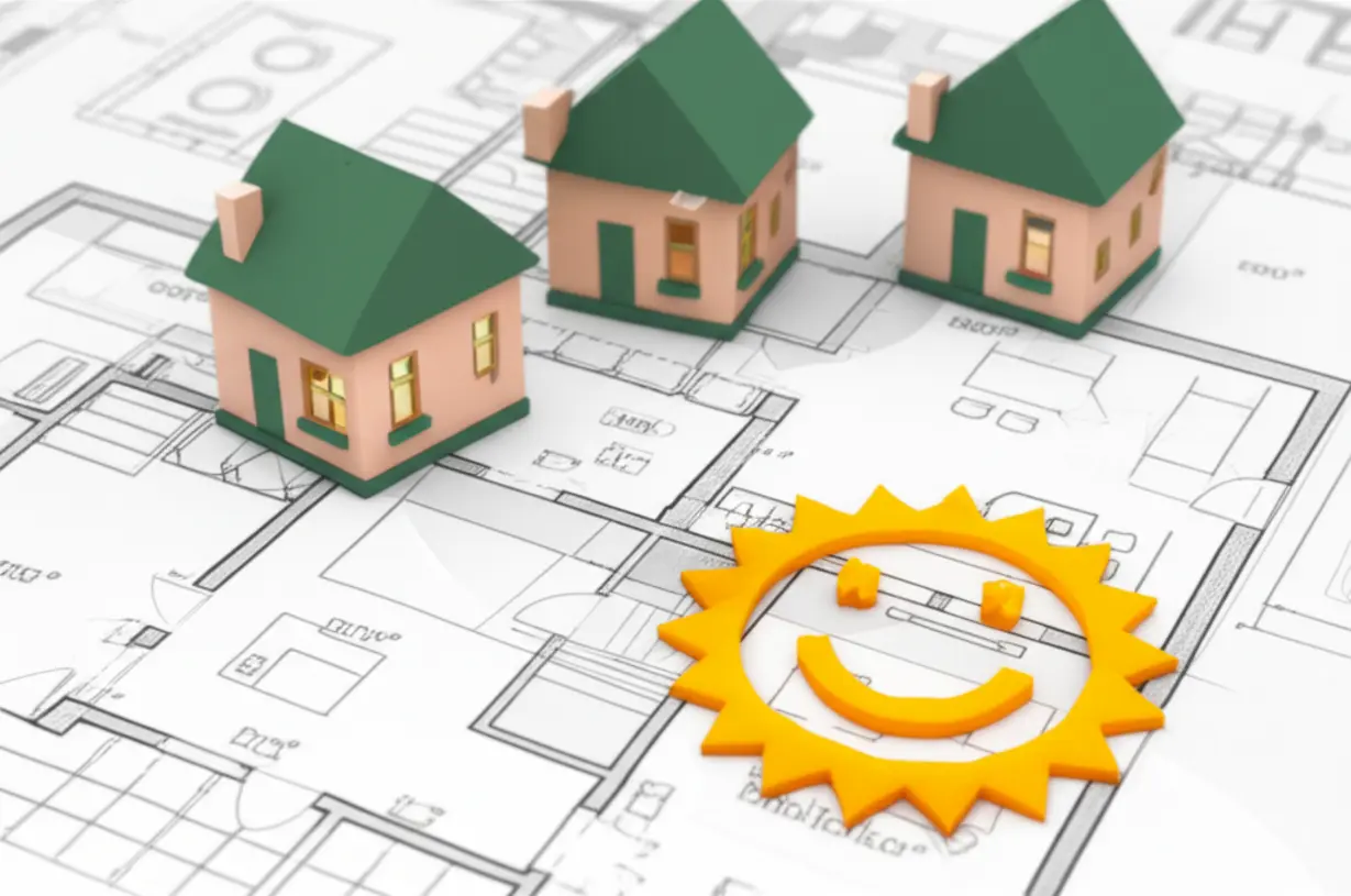 양도세-절세를-위한-현명한-계획의-중요성을-보여주는-귀여운-설계도면,-집-모형,-그리고-웃는-해-아이콘-이미지입니다.