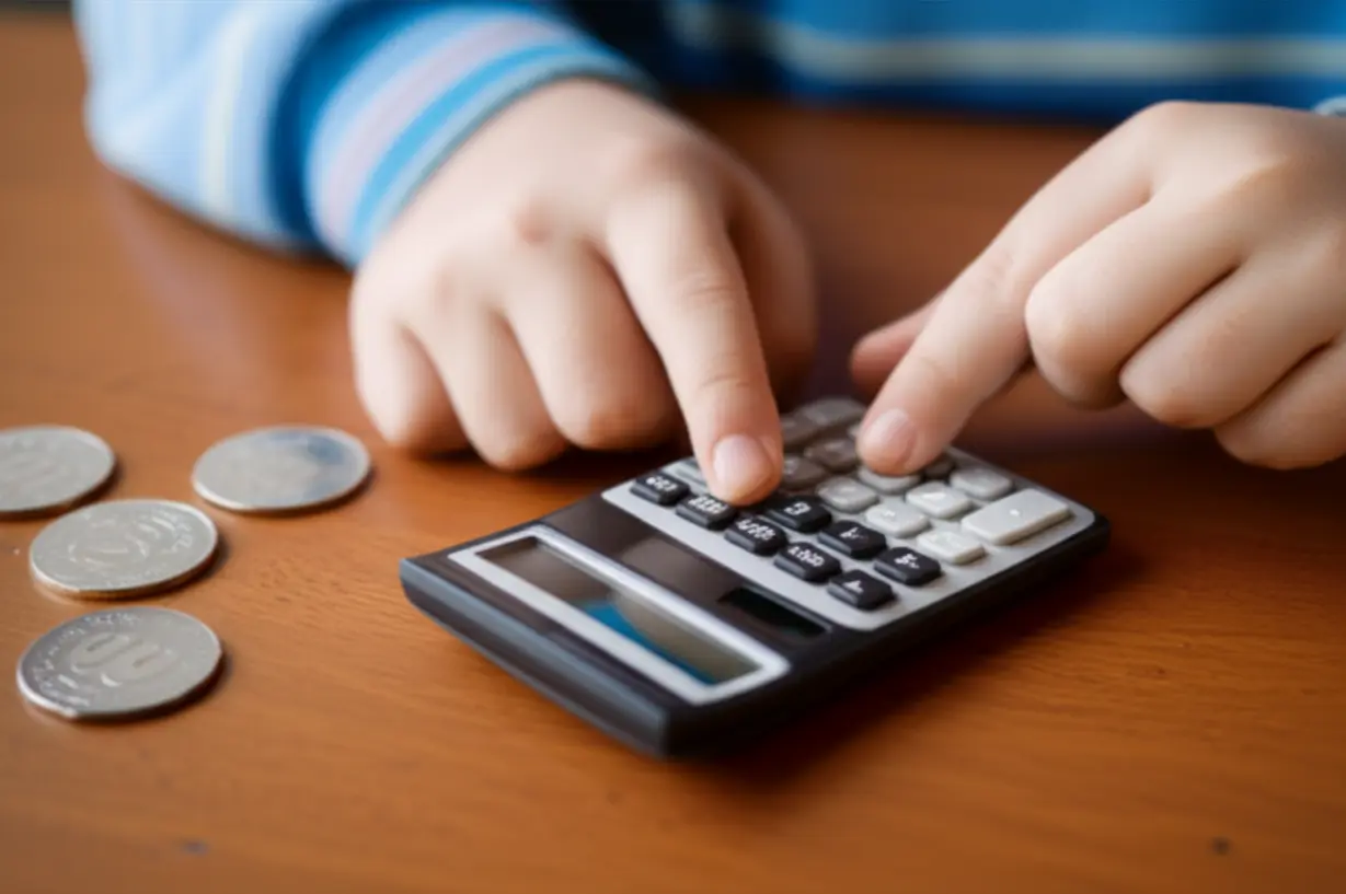 귀여운-계산기와-동전-옆에서-작은-손들이-계산하는-3D-이미지.-건강보험료-절약-방법을-현명하게-찾는-모습을-상징합니다.