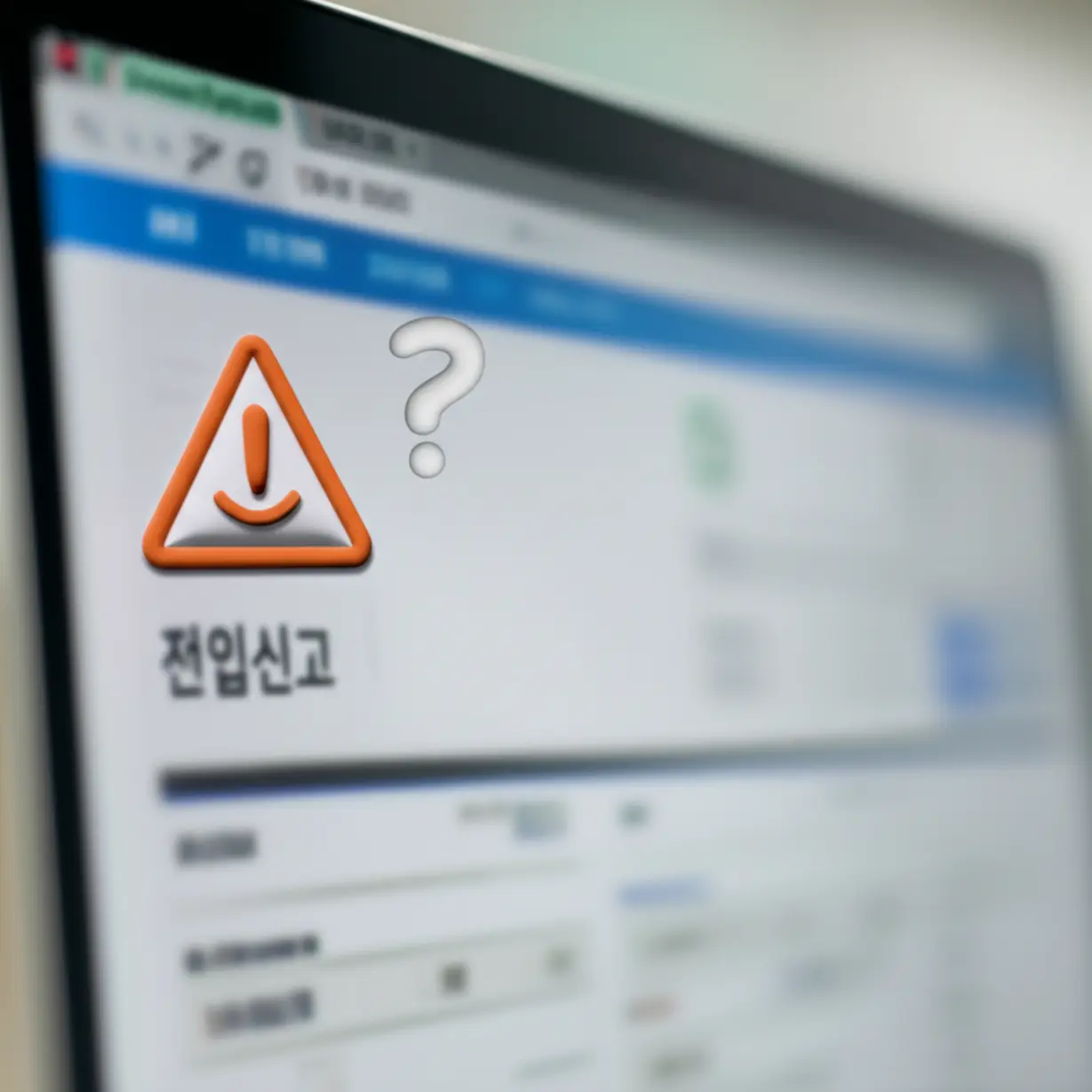 인터넷-전입신고-시-발생할-수-있는-주의사항을-나타내는-그림.-컴퓨터-화면-속-경고-표시와-물음표가-온라인-신고의-제한-사항과-사전에-확인할-점을-상징합니다.