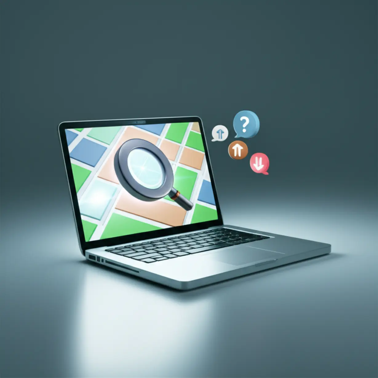 노트북-화면에-땅값이-표시되고-옆에-질문과-조정-아이콘이-있는-귀여운-그림.-공시지가-조회-방법과-이의신청-절차를-쉽고-편리하게-알려주는-이미지입니다.