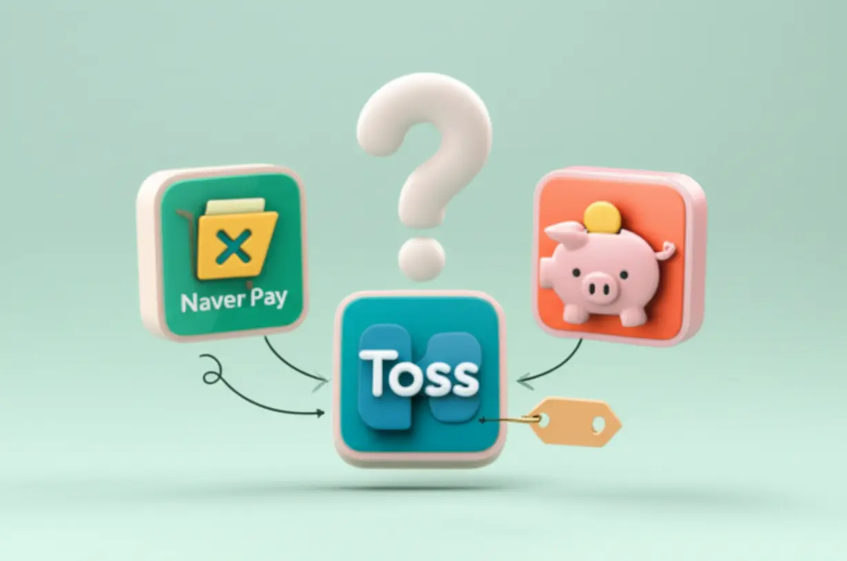 세-가지-간편결제-서비스-로고가-각자의-장점을-나타내는-아이콘으로-연결된-비교-3D-이미지입니다.-나에게-맞는-선택을-고민하는-모습을-나타냅니다.