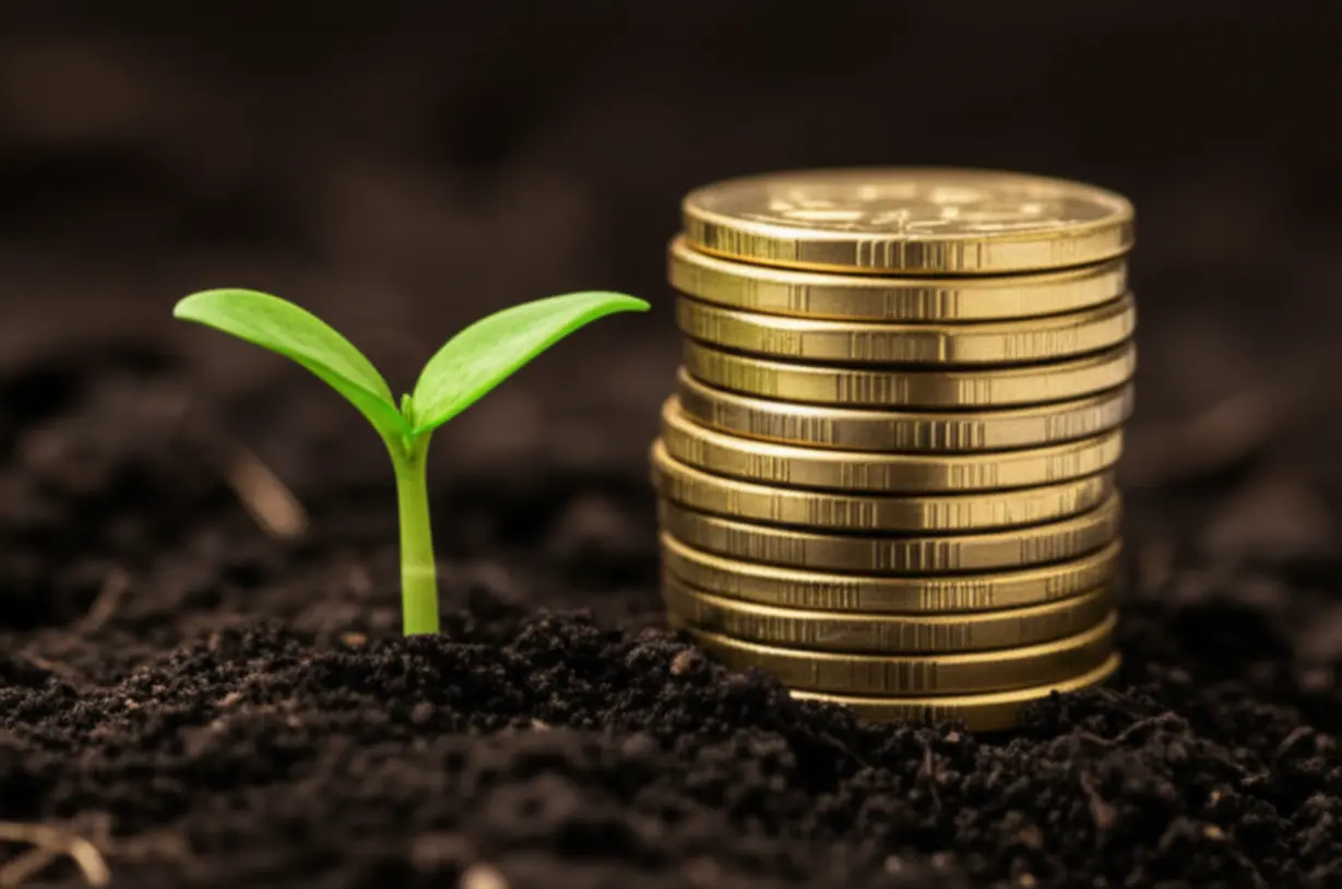 동전이-쌓여-있고-옆에-작은-새싹이-돋아나는-귀여운-3D-이미지,-실업급여가-퇴직-후-경제적-버팀목이-되어주고-재취업을-통해-새로운-성장의-기회를-제공함을-나타냅니다.