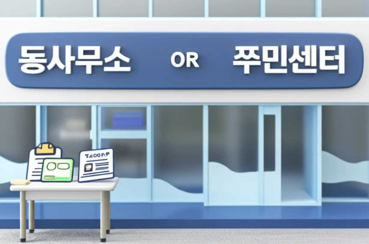 동사무소(주민센터)를-방문하여-전입신고를-하는-전통적인-방법을-보여주는-그림.-친근한-주민센터-건물과-준비된-서류들이-방문-신청-과정을-나타냅니다.