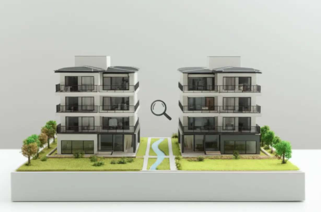 김해-장유-지역의-아파트들을-비교하는-귀여운-3D-이미지.-두-개의-아파트-모형이-나란히-놓여-있어,-꼼꼼한-비교-분석의-중요성을-나타냅니다.