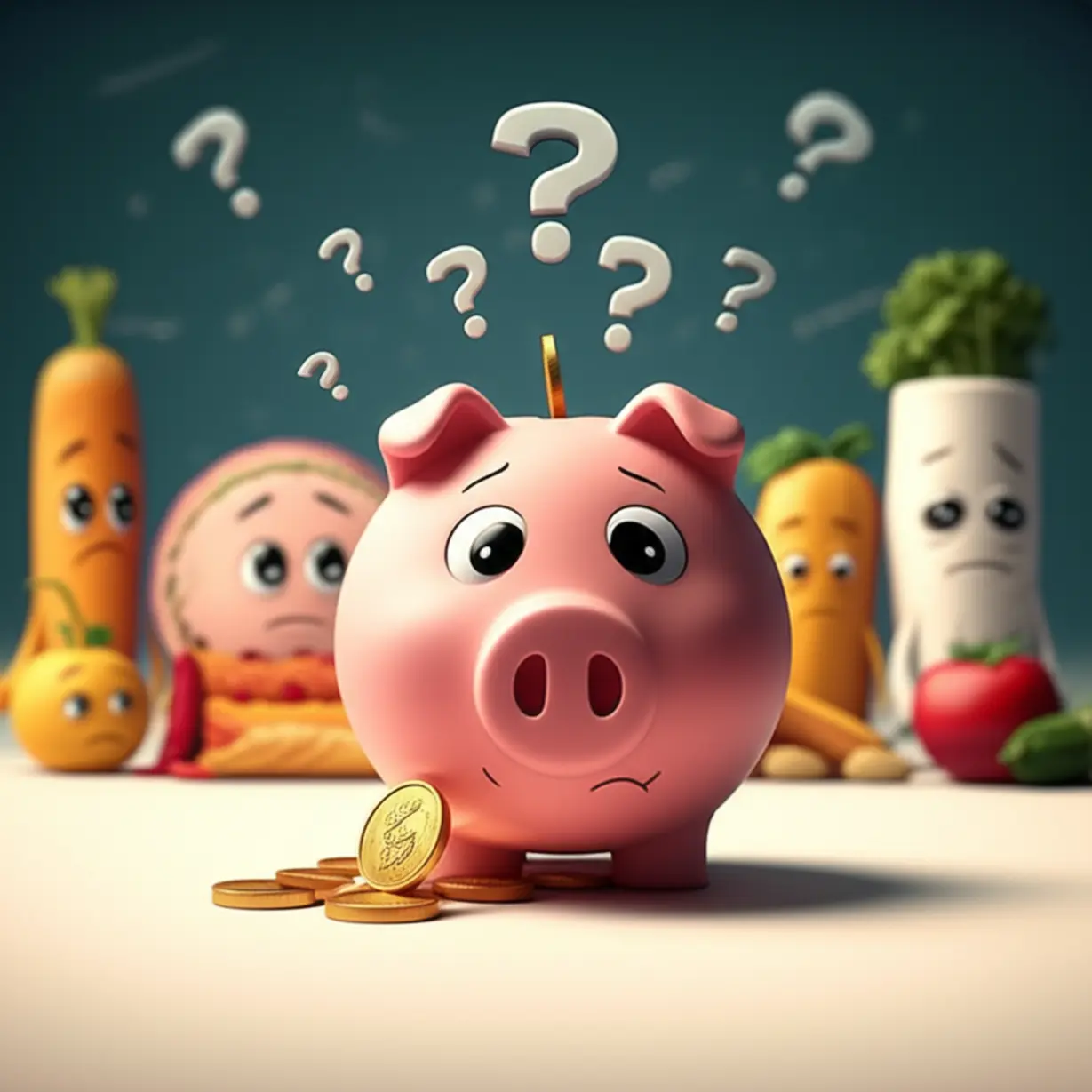 세금-사용의-정당성과-형평성-논란을-상징하는-물음표-가득한-돼지-저금통과-소외된-듯한-음식-모형들의-3D-이미지입니다.-정책에-대한-의문과-비판적-시각을-표현합니다.