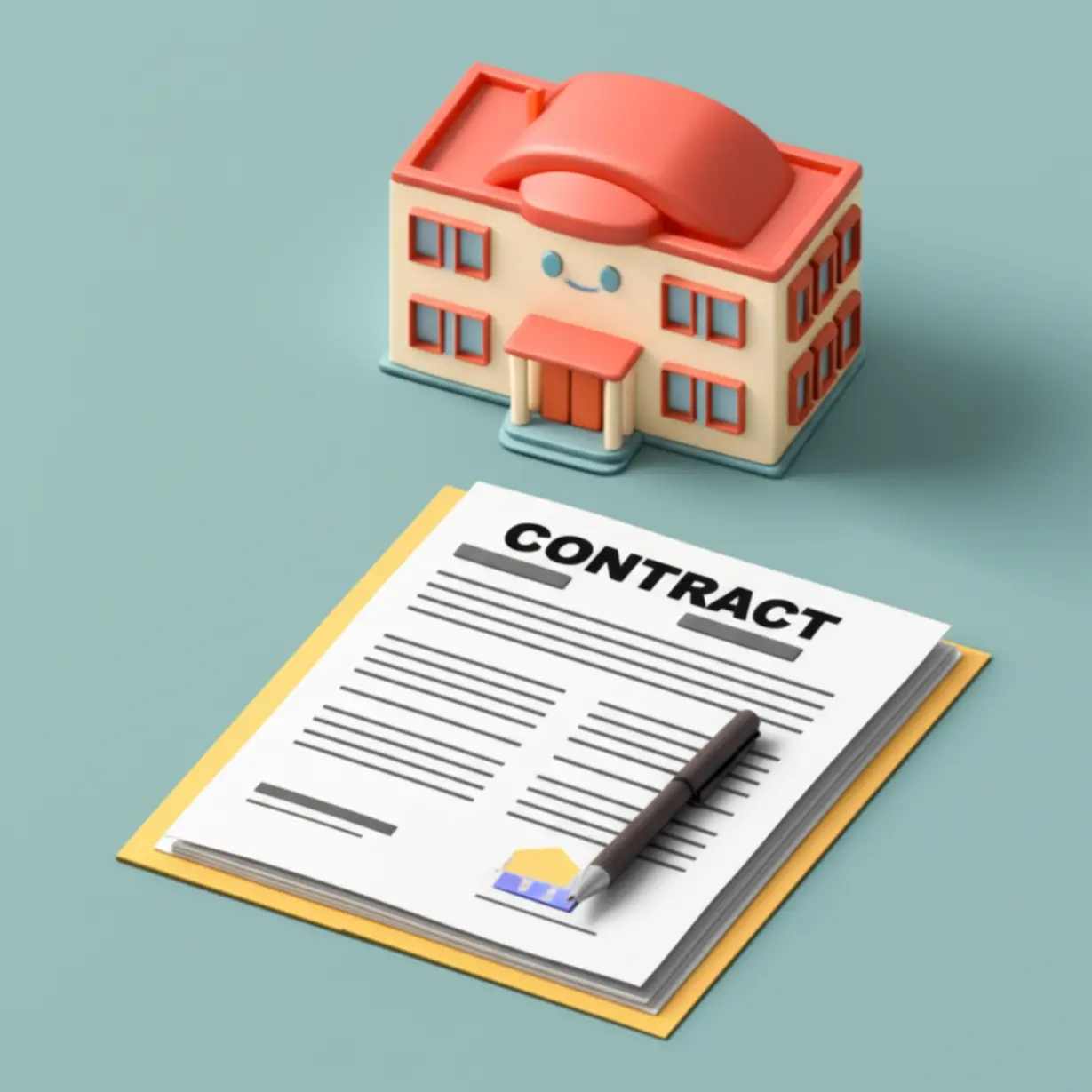 계약서와-펜,-작은-건물-모형이-함께-있어-부동산-계약과-신고-절차를-나타내는-그림입니다.